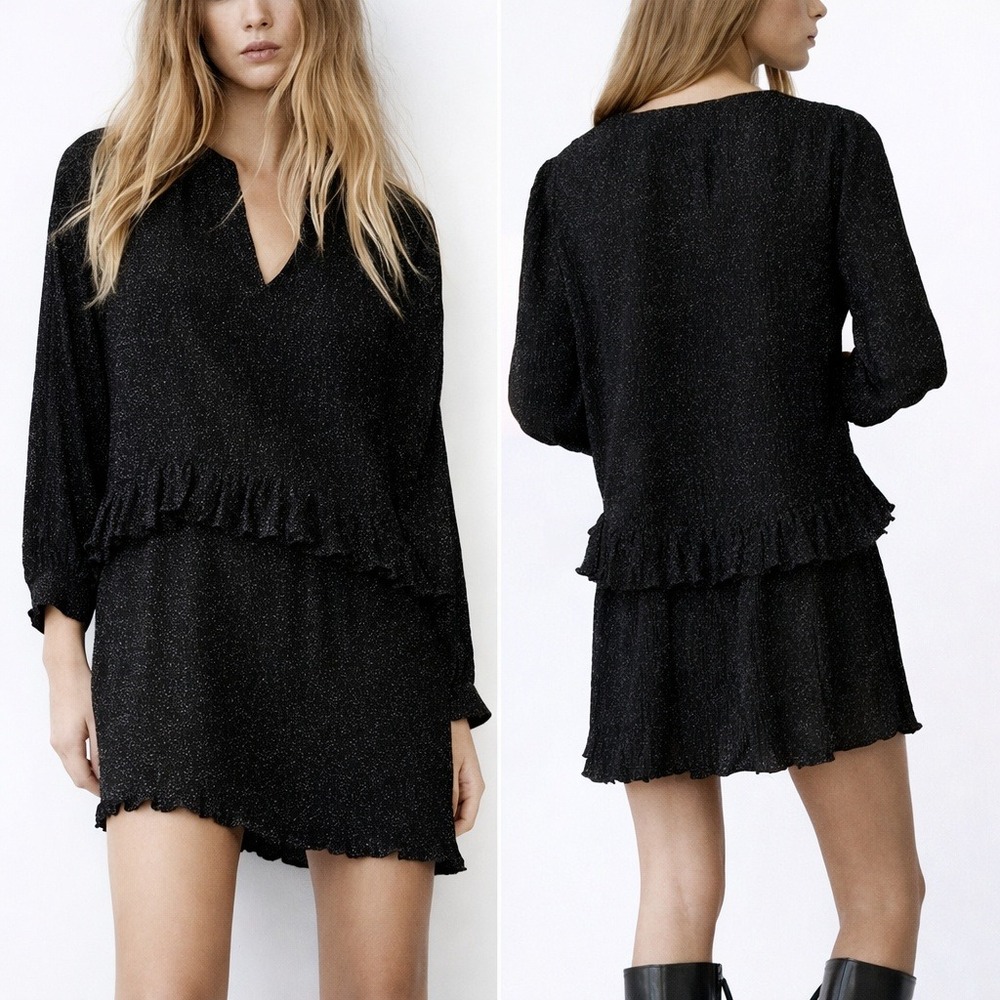ZARA New Black Micro Dot Plisse Satin Ruffle Babydoll Dress SZ Medium Whimsigoth